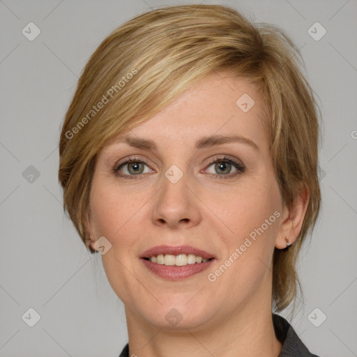 Joyful white young-adult female with medium  brown hair and blue eyes