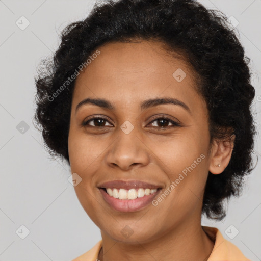 Joyful latino young-adult female with long  brown hair and brown eyes