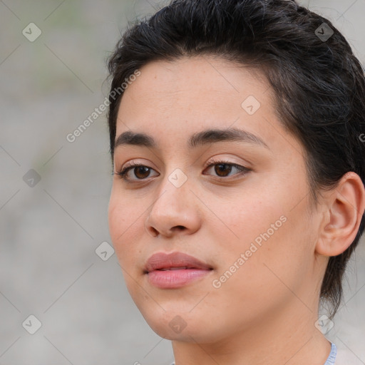 Neutral white young-adult female with medium  brown hair and brown eyes