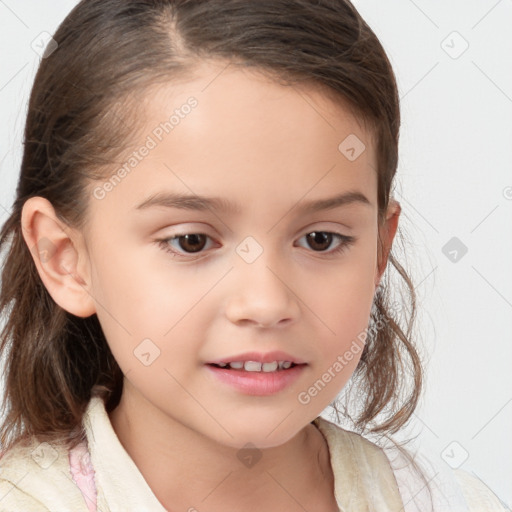 Joyful white child female with medium  brown hair and brown eyes