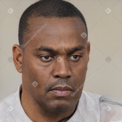 Neutral latino adult male with short  brown hair and brown eyes