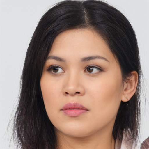 Neutral asian young-adult female with long  black hair and brown eyes