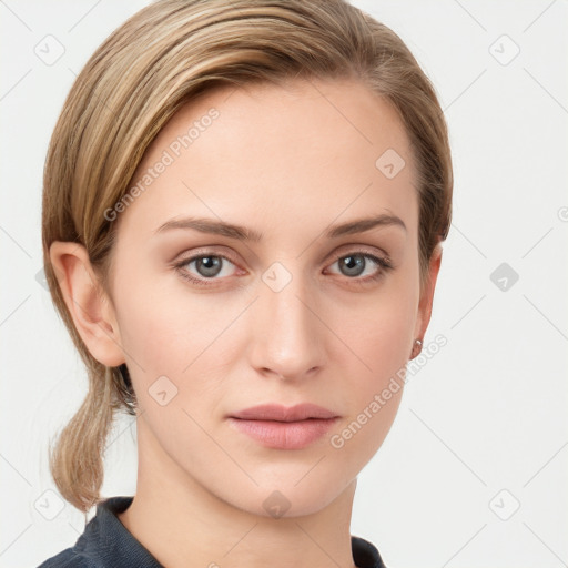 Neutral white young-adult female with medium  brown hair and grey eyes