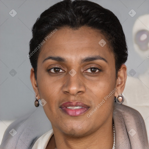 Joyful latino adult female with short  brown hair and brown eyes