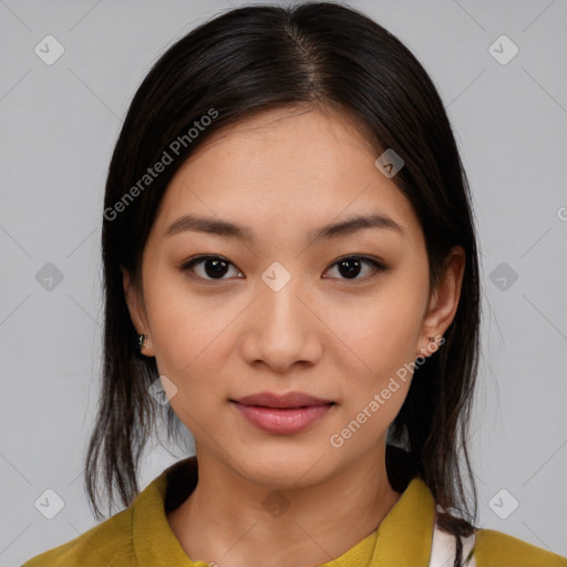 Neutral white young-adult female with medium  brown hair and brown eyes