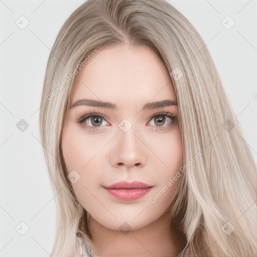 Neutral white young-adult female with long  brown hair and brown eyes