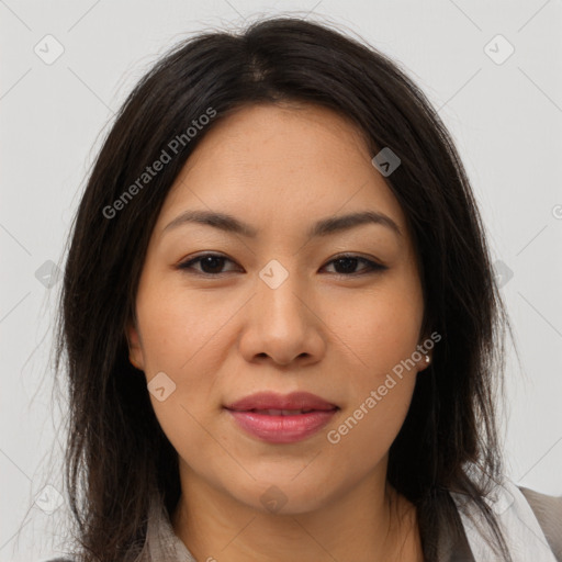 Joyful asian young-adult female with long  brown hair and brown eyes