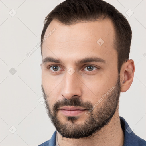 Neutral white young-adult male with short  brown hair and brown eyes