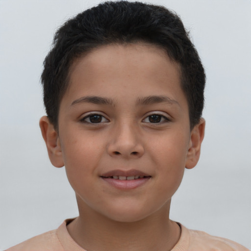 Joyful latino child female with short  brown hair and brown eyes