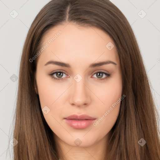 Neutral white young-adult female with long  brown hair and brown eyes