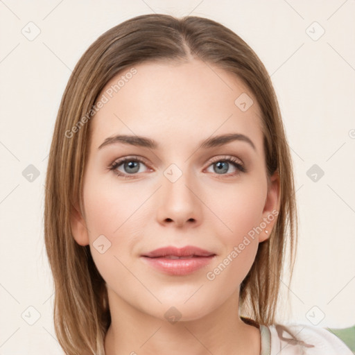 Neutral white young-adult female with medium  brown hair and grey eyes