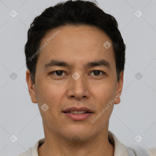 Joyful white adult male with short  brown hair and brown eyes