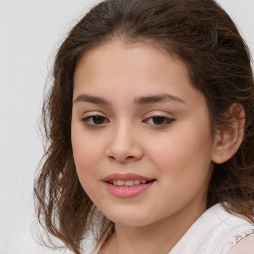 Joyful white child female with medium  brown hair and brown eyes