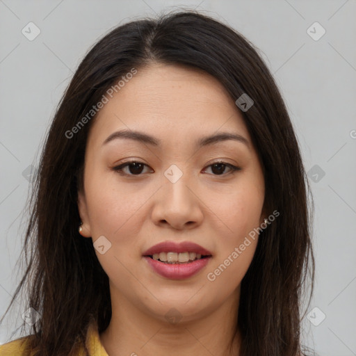 Joyful white young-adult female with long  brown hair and brown eyes