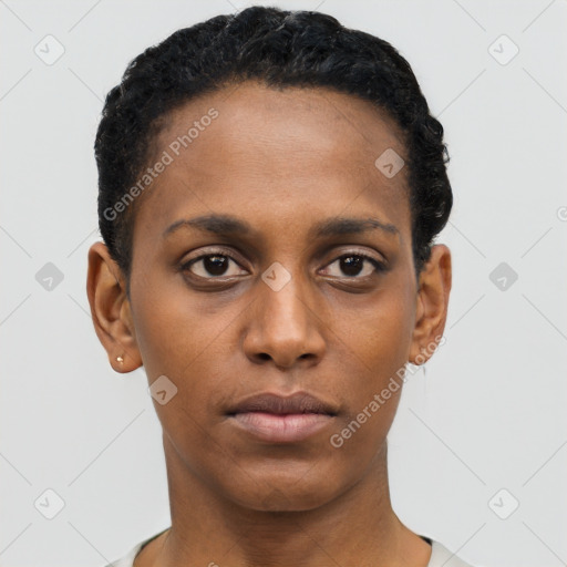 Neutral black young-adult female with short  black hair and brown eyes