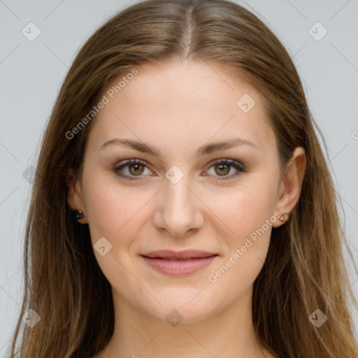 Joyful white young-adult female with long  brown hair and green eyes