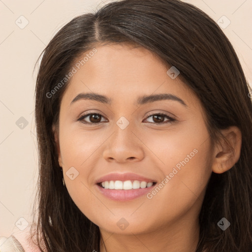 Joyful white young-adult female with long  brown hair and brown eyes