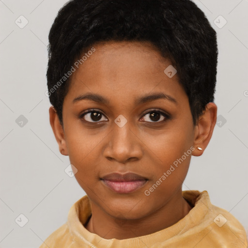 Neutral black young-adult female with short  black hair and brown eyes