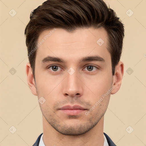 Neutral white young-adult male with short  brown hair and brown eyes