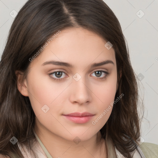 Neutral white young-adult female with medium  brown hair and brown eyes