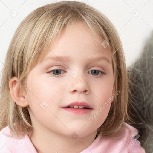 Neutral white child female with medium  brown hair and blue eyes