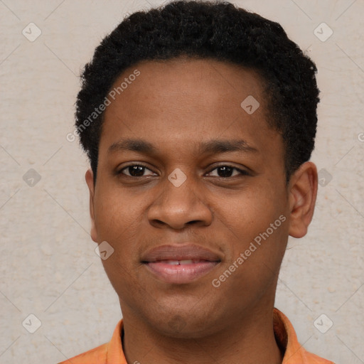 Joyful black young-adult male with short  brown hair and brown eyes