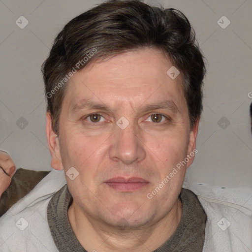 Neutral white adult male with short  brown hair and blue eyes