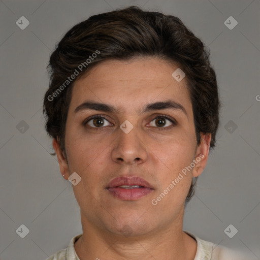 Neutral white adult male with short  brown hair and brown eyes