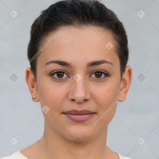 Joyful white young-adult female with short  brown hair and brown eyes