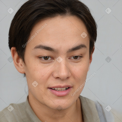 Joyful white young-adult female with short  brown hair and brown eyes