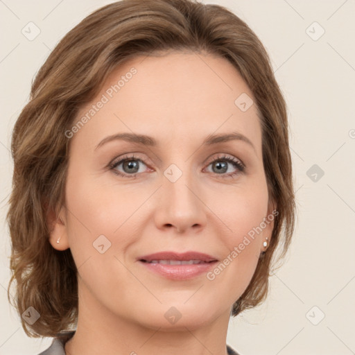 Joyful white young-adult female with medium  brown hair and green eyes