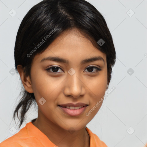 Joyful latino young-adult female with medium  black hair and brown eyes