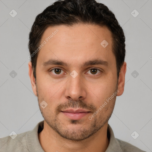 Neutral white young-adult male with short  brown hair and brown eyes