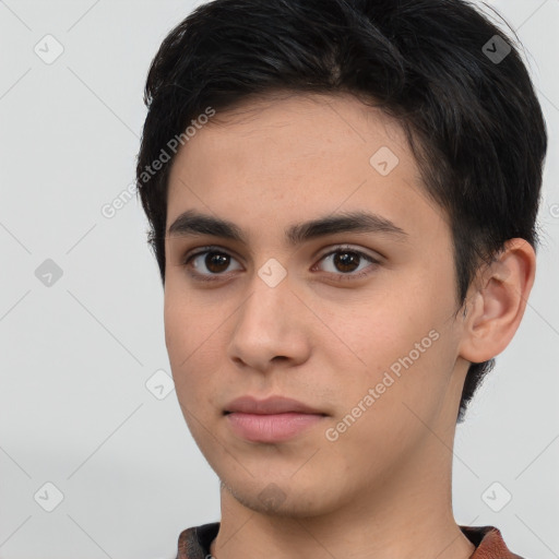 Neutral white young-adult male with short  black hair and brown eyes