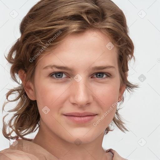 Joyful white young-adult female with medium  brown hair and blue eyes