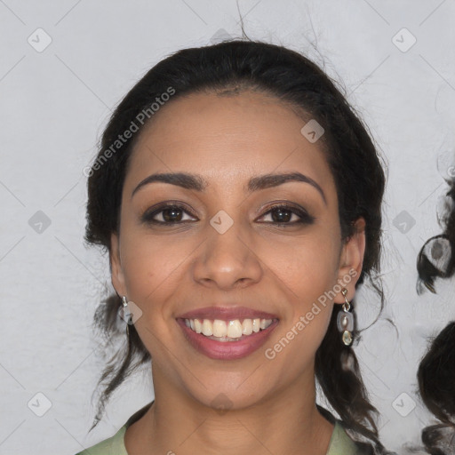 Joyful latino young-adult female with medium  black hair and brown eyes