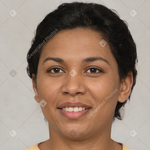 Joyful latino young-adult female with short  brown hair and brown eyes