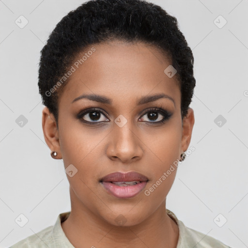 Joyful black young-adult female with short  brown hair and brown eyes