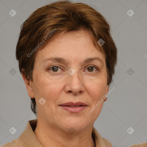 Joyful white adult female with short  brown hair and grey eyes