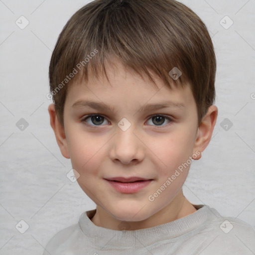 Joyful white child male with short  brown hair and brown eyes