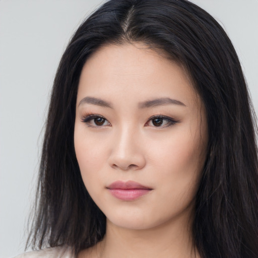 Neutral asian young-adult female with long  brown hair and brown eyes