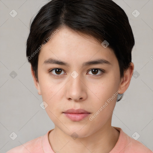 Neutral white young-adult female with medium  brown hair and brown eyes