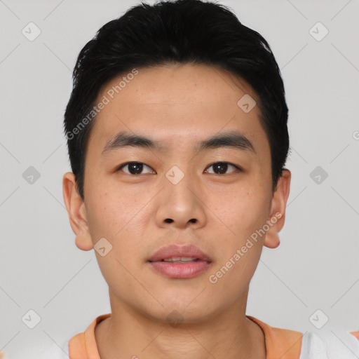 Neutral asian young-adult male with short  black hair and brown eyes