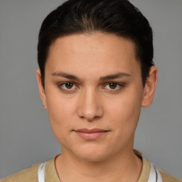 Neutral white young-adult female with short  brown hair and brown eyes