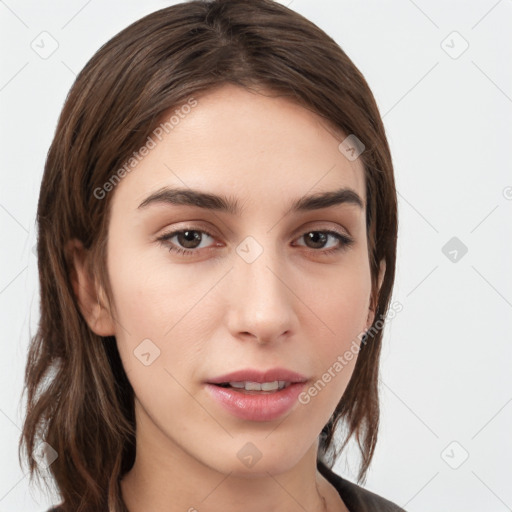 Neutral white young-adult female with medium  brown hair and brown eyes