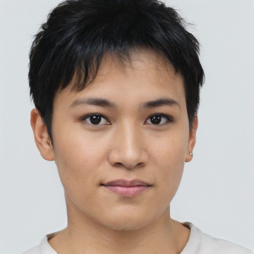 Joyful asian young-adult female with short  brown hair and brown eyes