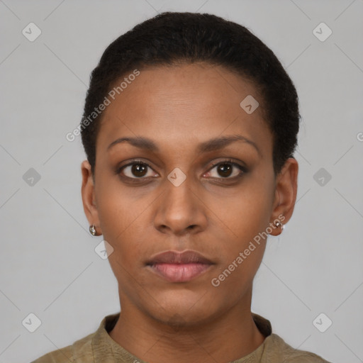 Neutral black young-adult female with short  black hair and brown eyes