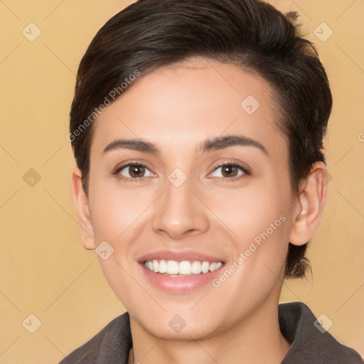 Joyful white young-adult female with short  brown hair and brown eyes