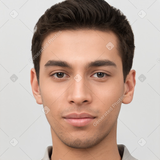 Neutral white young-adult male with short  brown hair and brown eyes