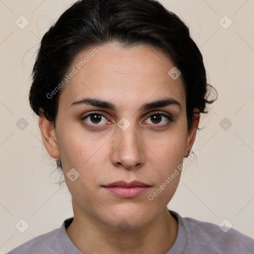 Neutral white young-adult female with medium  brown hair and brown eyes